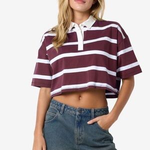 Striped Maroon and White Polo Cropped Shirt
